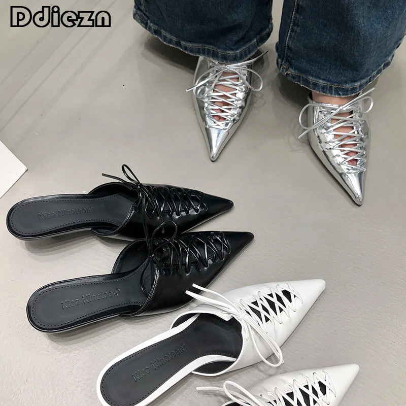 Pumps 2024 Elegant Woman Med High Heels Shoes Summer Fashion Lace Up Female Slides Pointed Toe Ladies Shoes Heels Mules 240607
