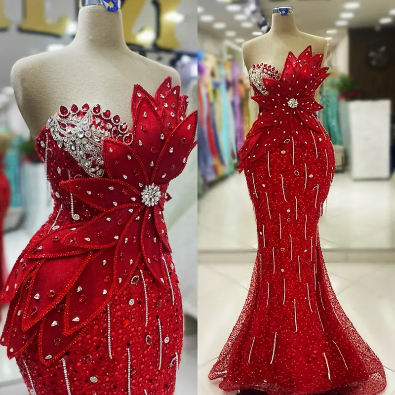 2024 Plus Size Red Prom Dresses for Special Occasions Promdress Illusion Mermaid Sequined Lace Beading Tassel Hand Made Flowers Beaded Birthday Dress