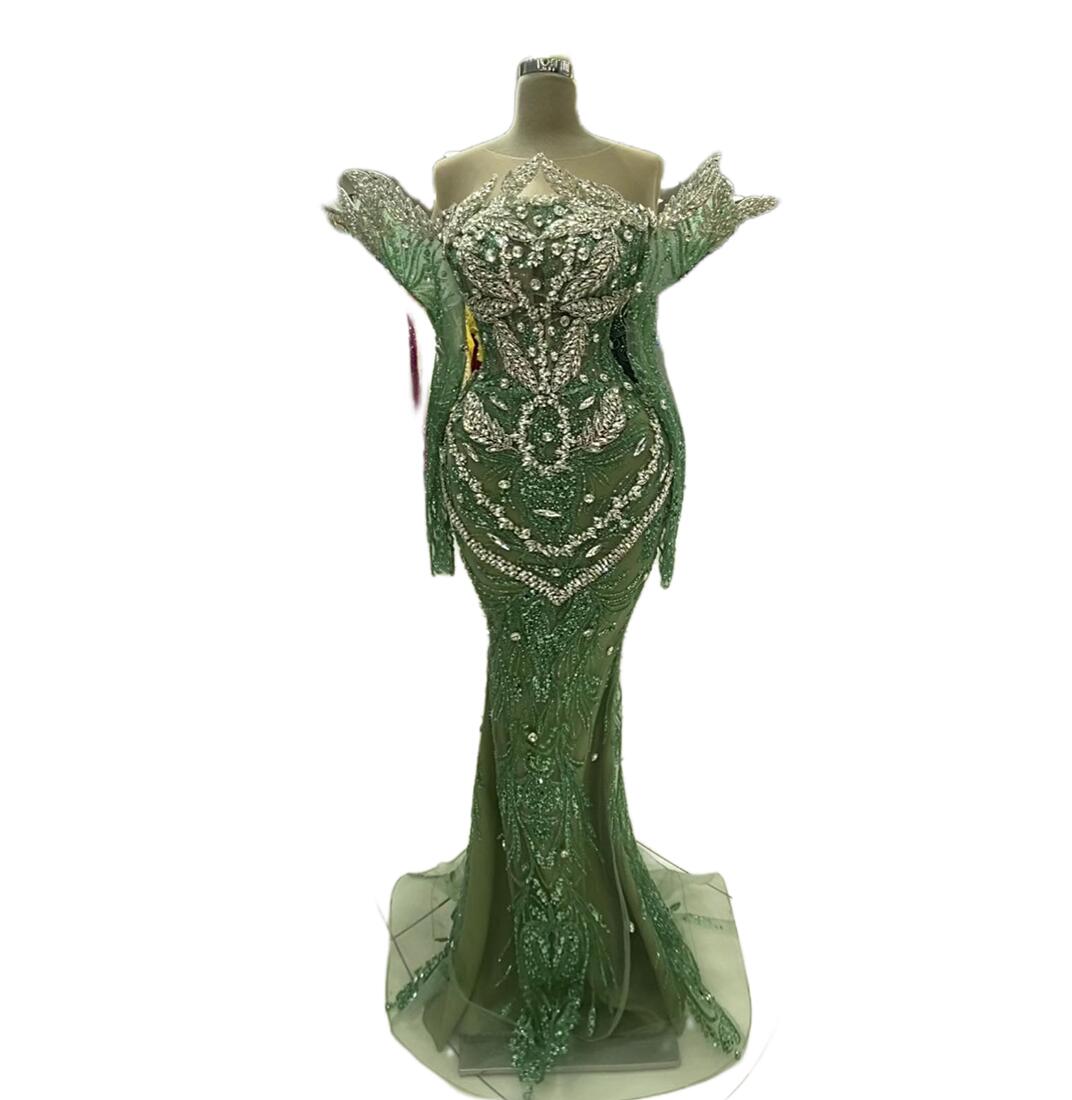 2024 Aso Ebi Plus Size Green Mermaid Prom Dress Crystals Sequined Beaded Evening Formal Party Second Reception Birthday Engagement Thanksgiving Gowns 