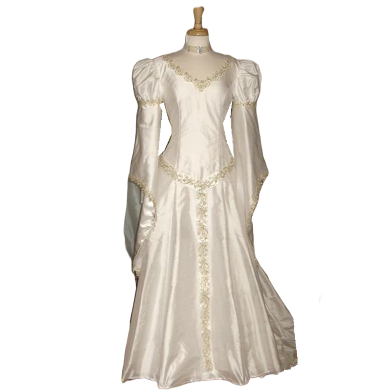 Medieval Renaissance A-Line Wedding Dresses Bell Long Sleeves V-Neck Ivory Satin Bridal Gowns Gold Lace Appliqued Vintage Victorian Vestido De Novia F