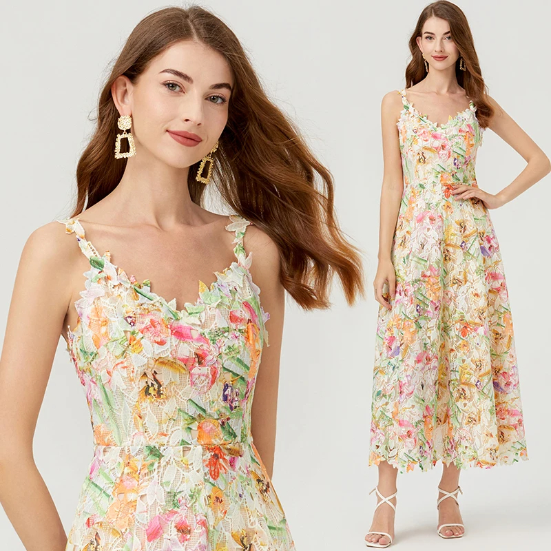 Basic Casual Dresses Summer Bohemain Crochet Hollow Out Embroidery Lace Long Dress Womens V-Neck Spaghetti Strap Printed Backless Party Vestidos