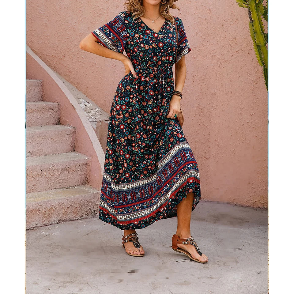 Bohemian V-Neck Floral Print Dresses Women Summer Casual Short Sleeve Midi Dress Beach Boho Elegant Fashion Long Skirts Female 240529