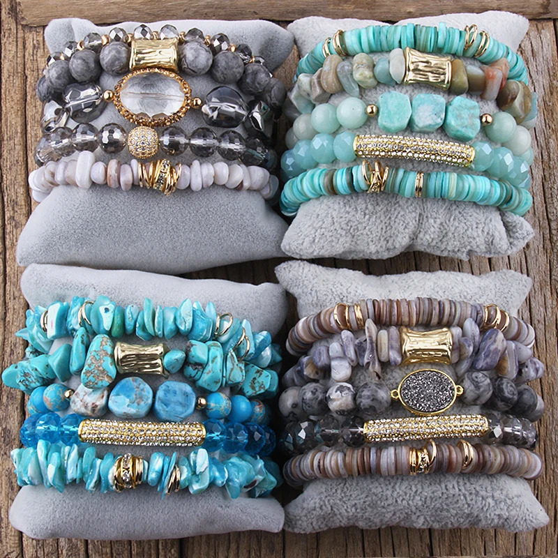 Fashion Bohemia Jewelry Natural Stone Beaded and Crystal Charm 5pc Stack Bracelets Set For Women Gift 240603