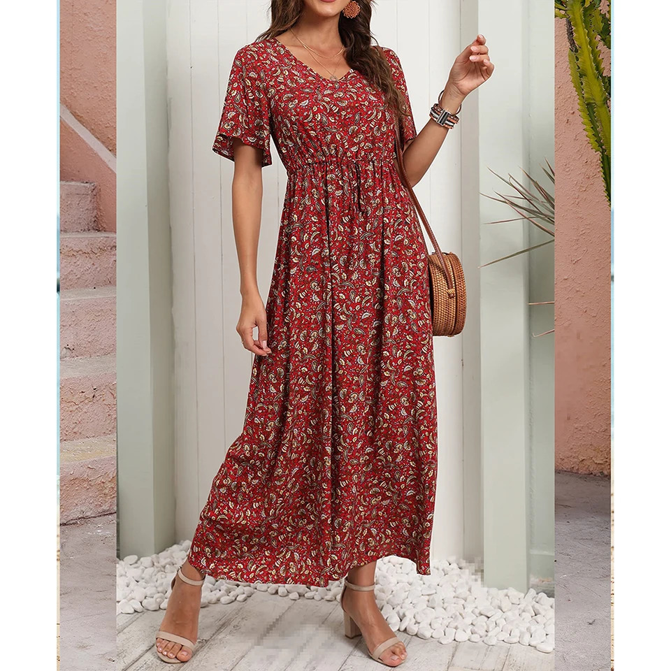 Bohemian V-Neck Floral Print Dresses Women Summer Casual Short Sleeve Midi Dress Beach Boho Elegant Fashion Long Skirts Female 240529