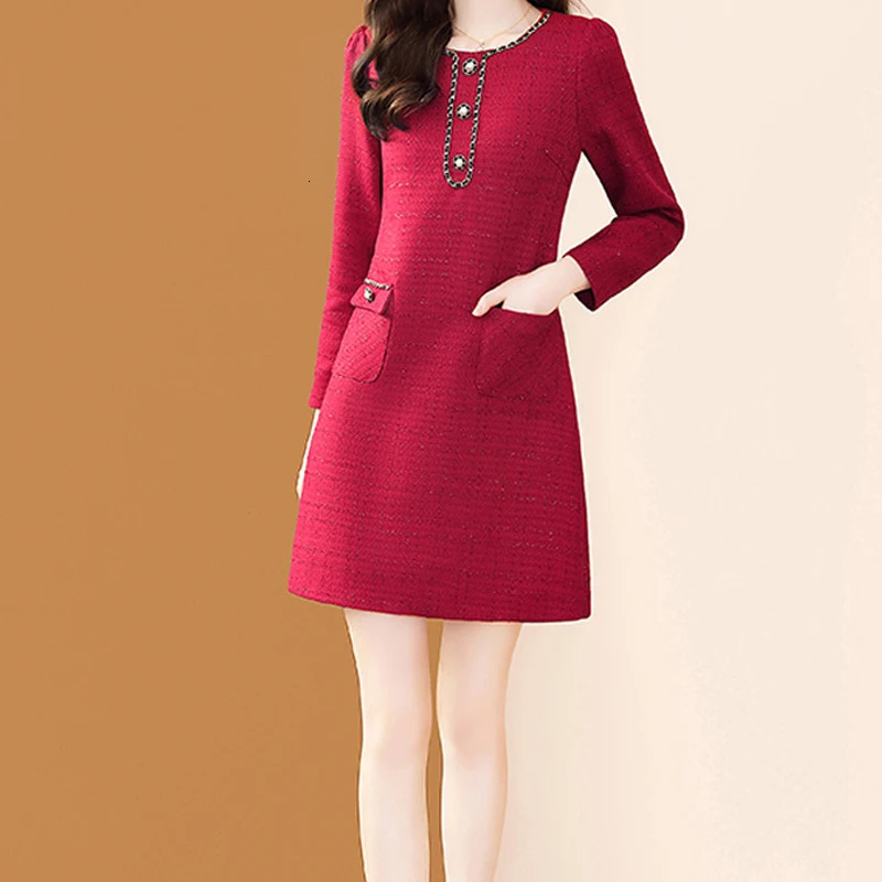 EVNISI Women Wine Tweed Button Dress O-Neck Spring Elegant Office A-line Dresses Casual Pocket Slim Vestido For Women 240529