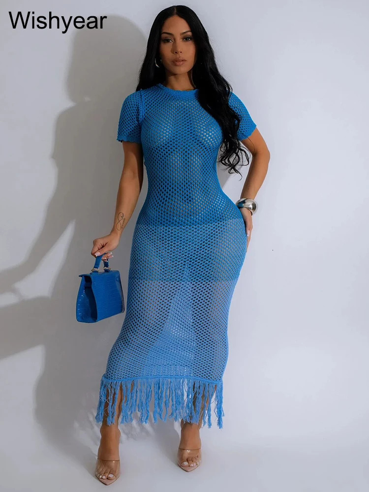 Gradient Women Sexy Crochet Knitted Tassel Cover-ups Beach Dress Hollow Out Sheer Long Female Summer Pink Swimwear Club Vestidos 240530