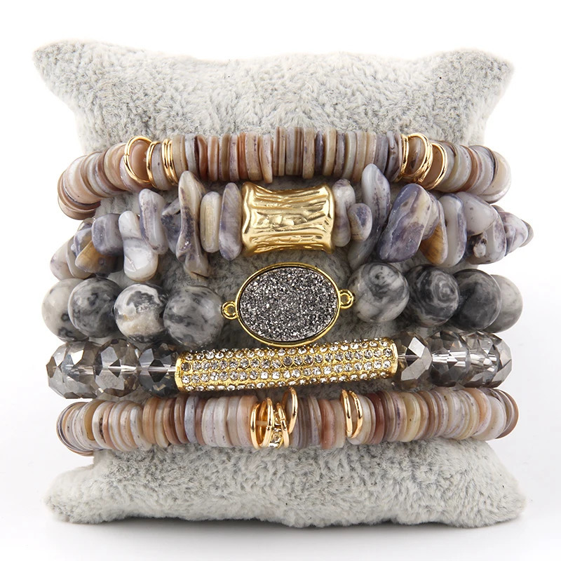 Fashion Bohemia Jewelry Natural Stone Beaded and Crystal Charm 5pc Stack Bracelets Set For Women Gift 240603