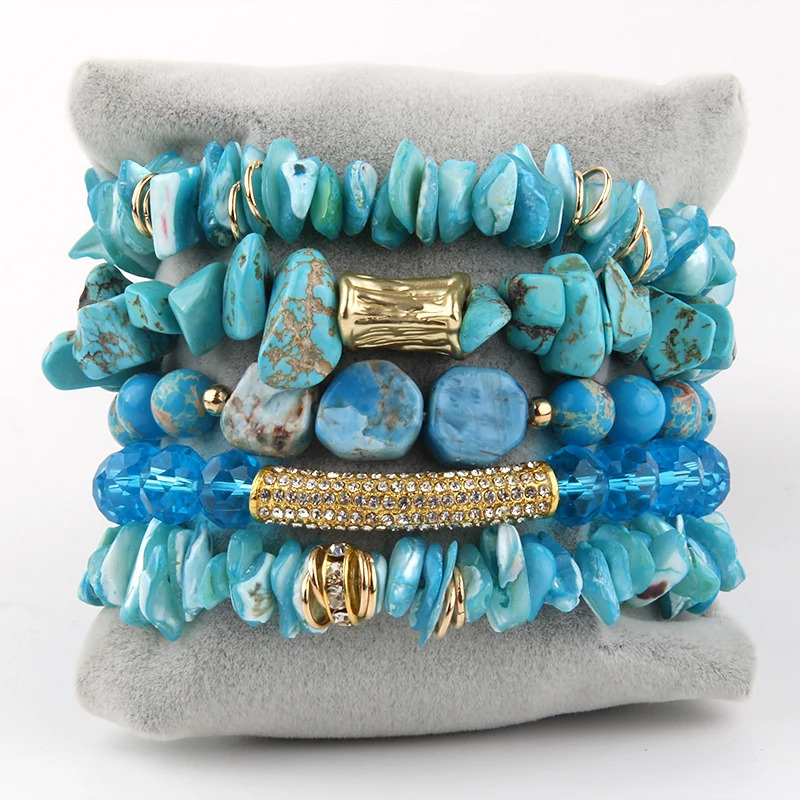 Fashion Bohemia Jewelry Natural Stone Beaded and Crystal Charm 5pc Stack Bracelets Set For Women Gift 240603