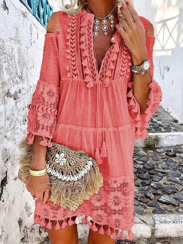 Spring Embroidery Crochet Lace Boho Dress Women Elegant Off Shoulder Tassel Ruffle Mini Dress Summer V Neck Lady Beach Dress 240529