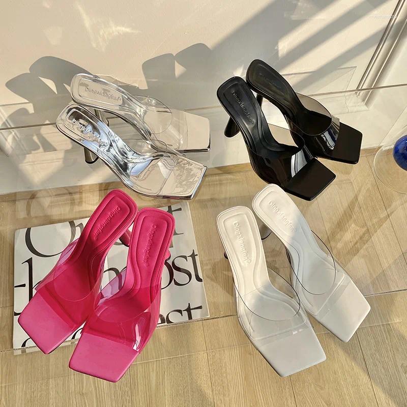 Casual Shoes Summer Fashion Design PVC Transparent Women Slipper Square Toe High Heel Ladies Dress Party Mules Slides