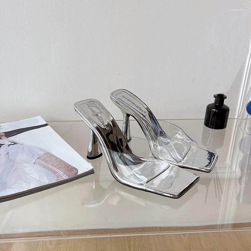 Casual Shoes Summer Fashion Design PVC Transparent Women Slipper Square Toe High Heel Ladies Dress Party Mules Slides