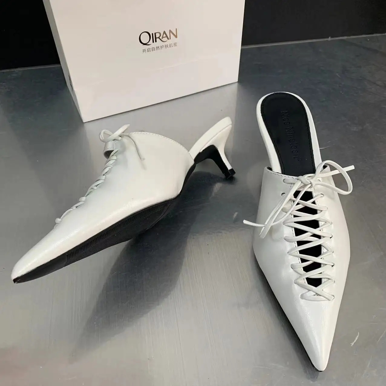 Pumps 2024 Elegant Woman Med High Heels Shoes Summer Fashion Lace Up Female Slides Pointed Toe Ladies Shoes Heels Mules 240607