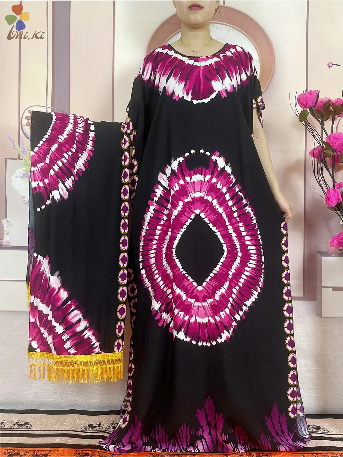 Summer African Women Party Robe Tie Dyed Print Loose Cotton Large Size Scarf Dress Kaftan Dress Islamic Short sleeved Clothing 240529