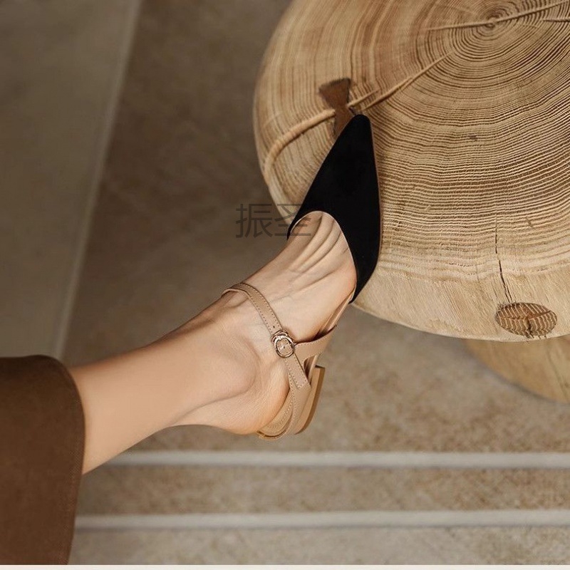 2024 Pointed Women's Colored Baotou Summer Fairy Internet Red Low Heel Lightweight Hollow Sandals with One Button Single Shoes 02 Lhshoe