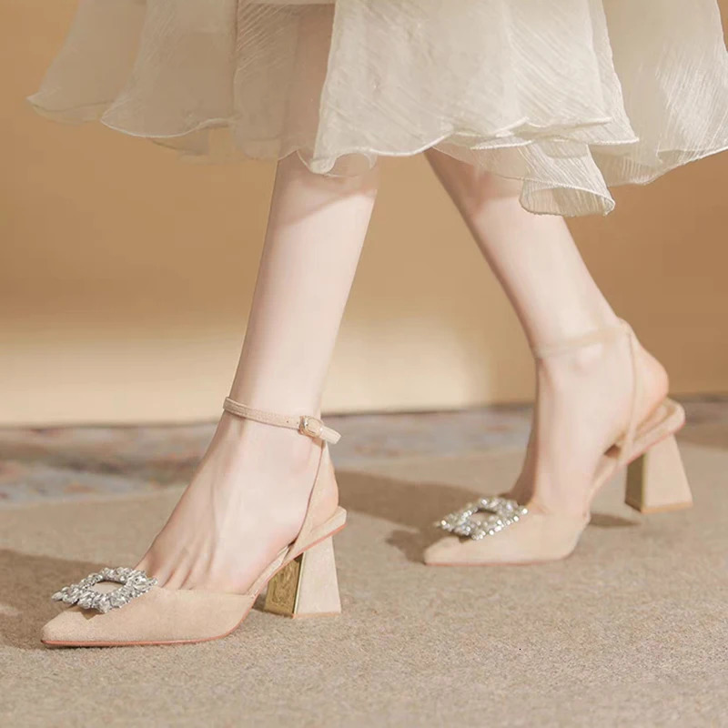 Rimocy Ankle Strap Crystal Sandals for Women Pointed Toe High Heels Sandalias De Mujer Shiny Rhinestones Square Heeled Pumps 240528