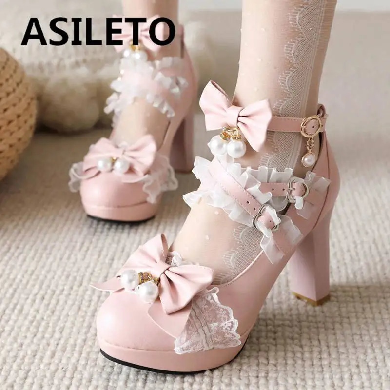 ASILETO Ladies Pumps Round Toe Ultrahigh Heels 9cm Platform 2cm Buckle Strap Bowknot Beads Sweet Lolita Shoes Plus Size 45 45 240607