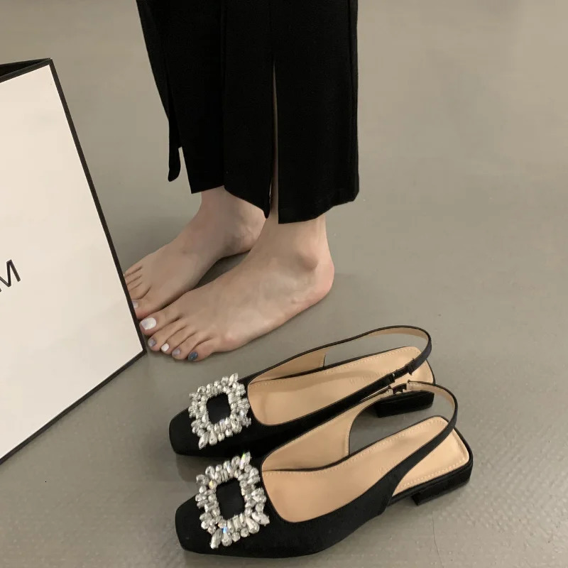 Low Heel Rhinestone Sandals Women Shoes Summer Fashion Square Headed Heels Shoes for Women Sandalias De Mujer 240528
