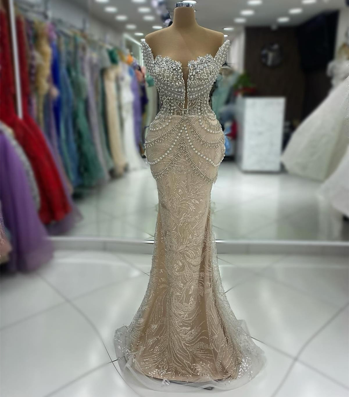 2024 Aso Ebi Plus Size Illusion Mermaid Prom Dress Crystals Champagne Evening Formal Party Second Reception Birthday Engagement Thanksgiving Gowns Dre