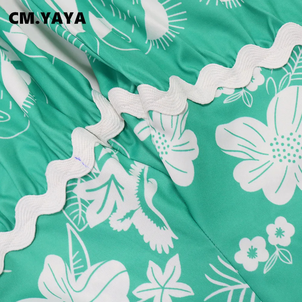 CM.YAYA Floral Print Womens Set Halter Strapless Top and Wide Leg Pants Summer Two 2 Piece Set Beach Holiday Outfits Tracksuit 240531