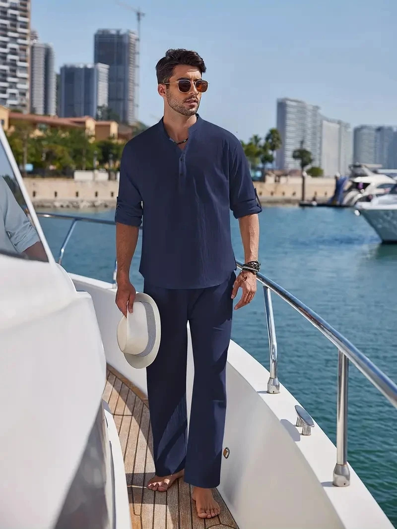 Cotton linen blend retro elegant mens two-piece casual V-neck Henry long sleeved shirt drawstring pants autumn set 240530