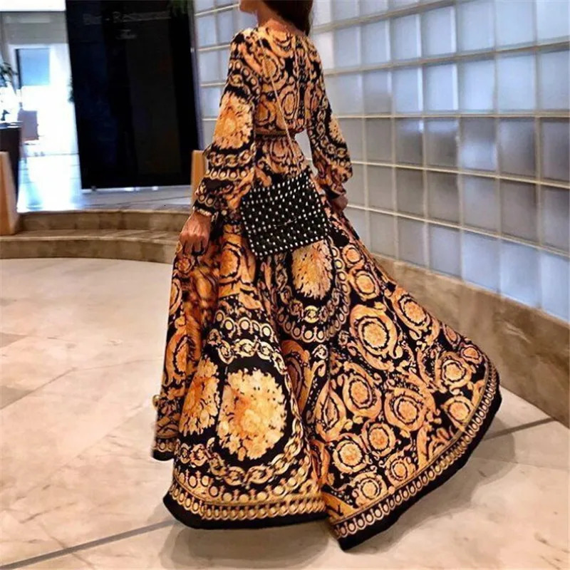Womens Boho Floral Printed Dress Spring Autumn Long Sleeve Long Maxi Dress Sexy V-neck Evening Party Beach Sundress Vestidos 240529