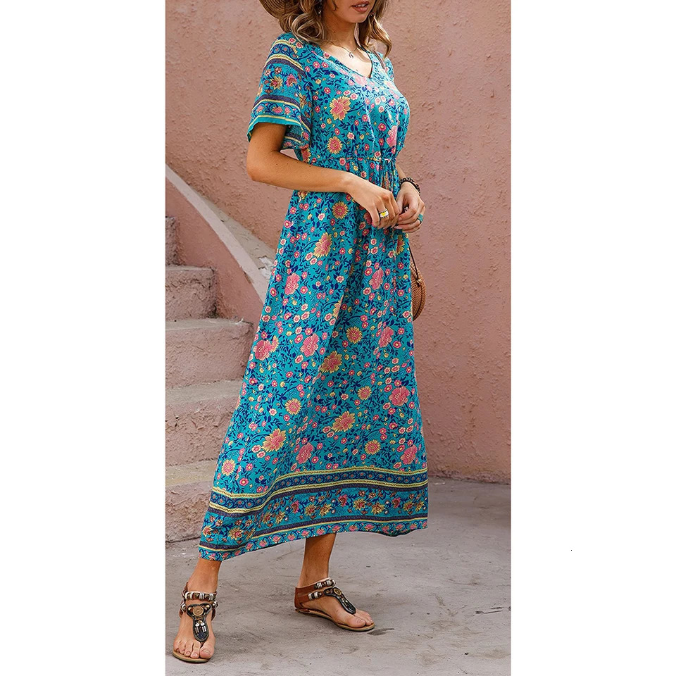 Bohemian V-Neck Floral Print Dresses Women Summer Casual Short Sleeve Midi Dress Beach Boho Elegant Fashion Long Skirts Female 240529
