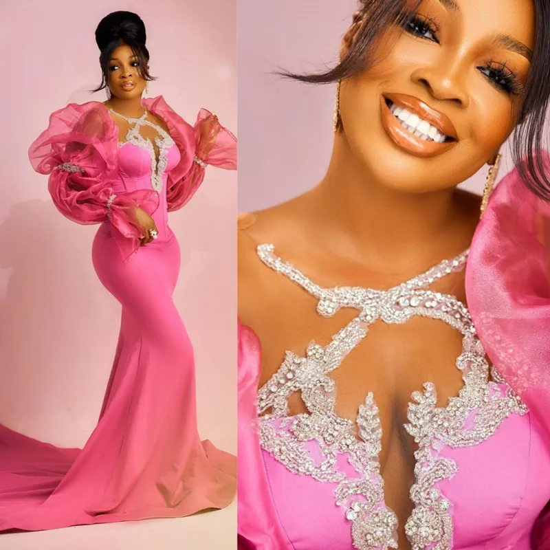 Hot Pink Evening Dresses Simple Style Mermaid Sweep Train Rehinestones Prom Dress Birthday Party Gowns Second Reception Gown for African Black Women Prom
