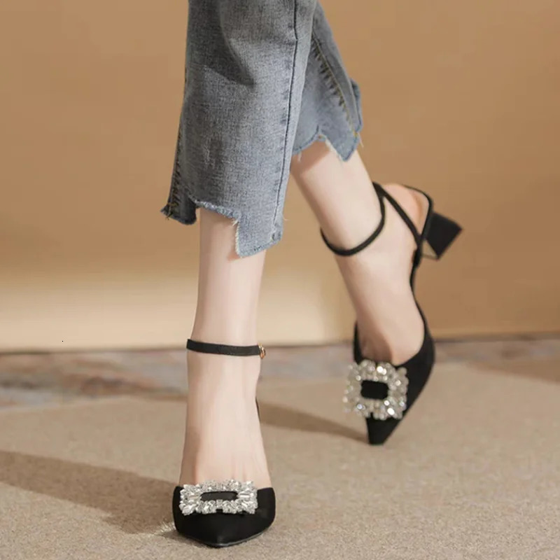 Rimocy Ankle Strap Crystal Sandals for Women Pointed Toe High Heels Sandalias De Mujer Shiny Rhinestones Square Heeled Pumps 240528