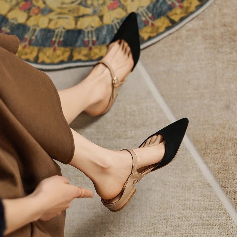 2024 Pointed Women's Colored Baotou Summer Fairy Internet Red Low Heel Lightweight Hollow Sandals with One Button Single Shoes 02 Lhshoe