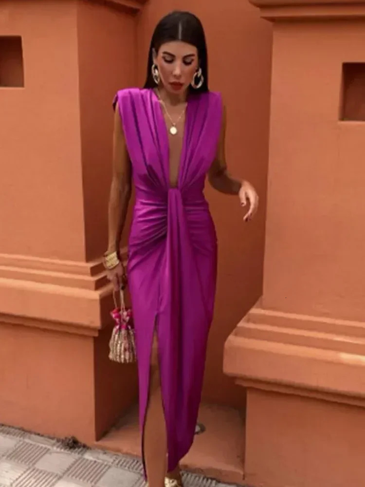 Chic Shoulder Pad Pleated Midi Dress Women Elegant Deep V-neck Sleeveless Split Slim Dresses Summer Lady Evening Party Robe 240601