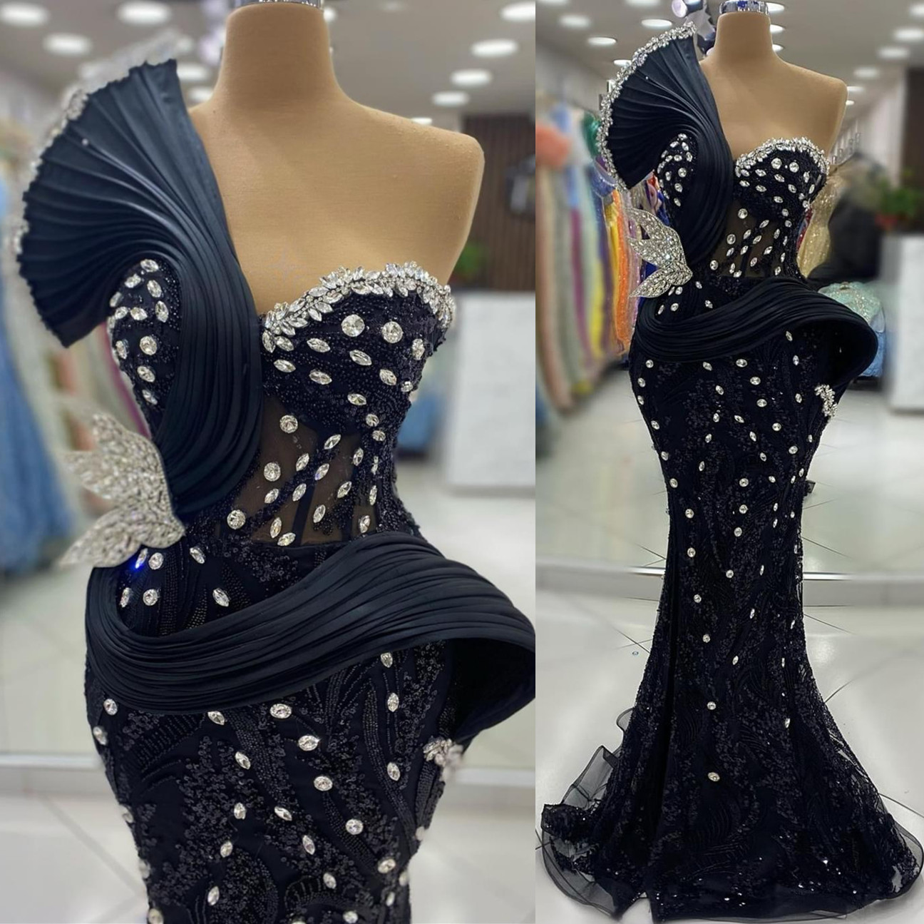 2024 Aso Ebi Plus Size Black Mermaid Prom Dress Sequined Crystals Beaded Evening Formal Party Second Reception Birthday Engagement Thangiving Gowns Dr