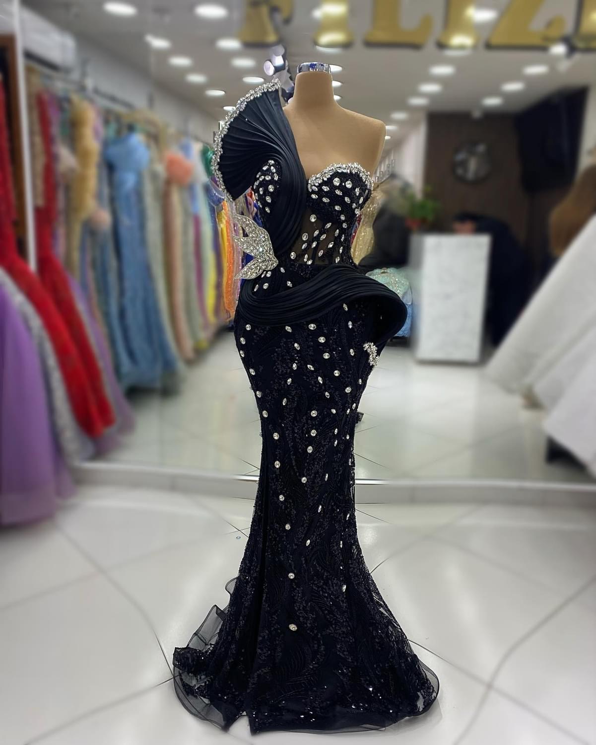 2024 Aso Ebi Plus Size Black Mermaid Prom Dress Sequined Crystals Beaded Evening Formal Party Second Reception Birthday Engagement Thangiving Gowns Dr