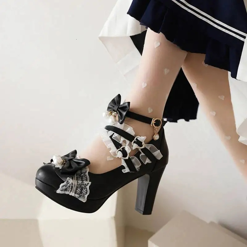 ASILETO Ladies Pumps Round Toe Ultrahigh Heels 9cm Platform 2cm Buckle Strap Bowknot Beads Sweet Lolita Shoes Plus Size 45 45 240607