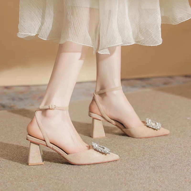 Rimocy Ankle Strap Crystal Sandals for Women Pointed Toe High Heels Sandalias De Mujer Shiny Rhinestones Square Heeled Pumps 240528