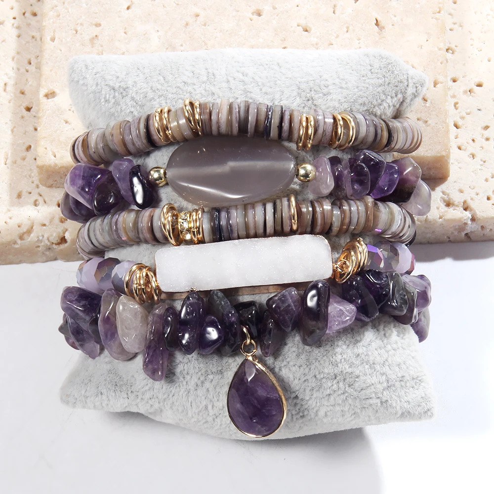 Fashion Bohemia Jewelry Natural Stone Beaded and Crystal Charm 5pc Stack Bracelets Set For Women Gift 240603