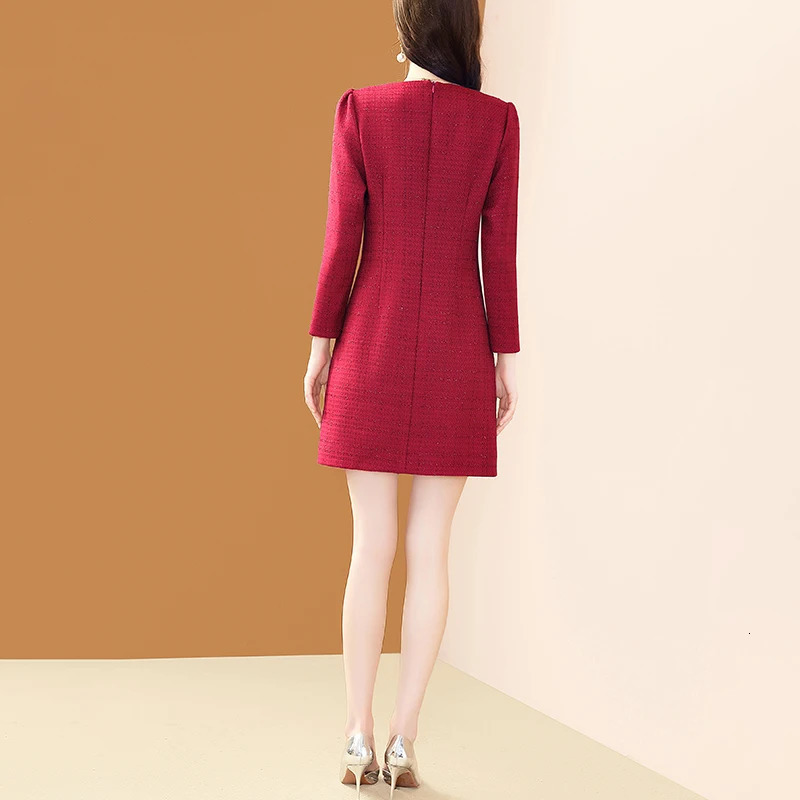 EVNISI Women Wine Tweed Button Dress O-Neck Spring Elegant Office A-line Dresses Casual Pocket Slim Vestido For Women 240529