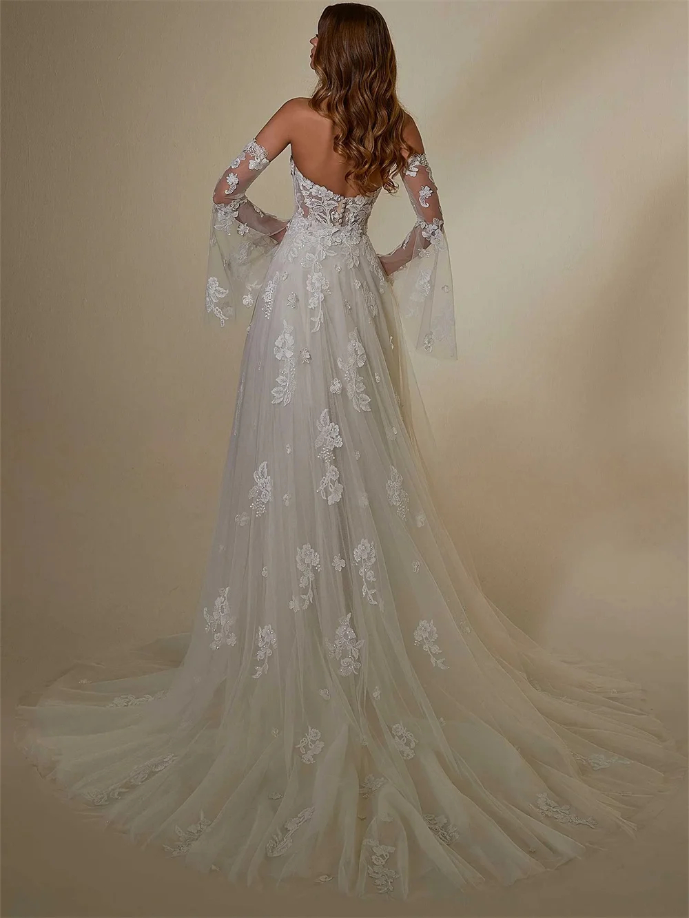 Strapless A-Line Boho Wedding Dresses With Detachable Flare Long Sleeves Lace Appliques Fantasy Tulle Beach Bridal Gown Sexy Backless 2026 Vestido De 