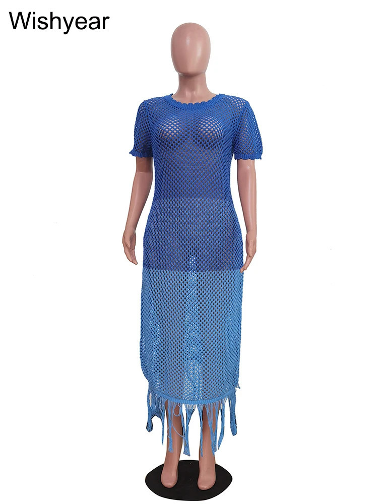 Gradient Women Sexy Crochet Knitted Tassel Cover-ups Beach Dress Hollow Out Sheer Long Female Summer Pink Swimwear Club Vestidos 240530