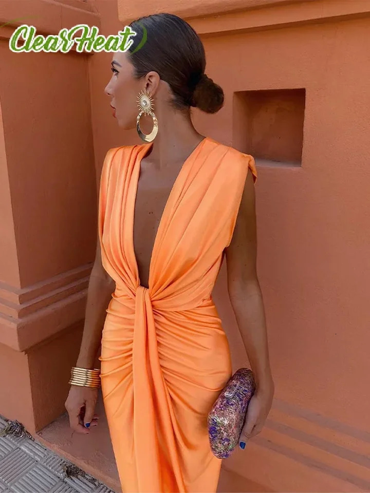 Chic Shoulder Pad Pleated Midi Dress Women Elegant Deep V-neck Sleeveless Split Slim Dresses Summer Lady Evening Party Robe 240601