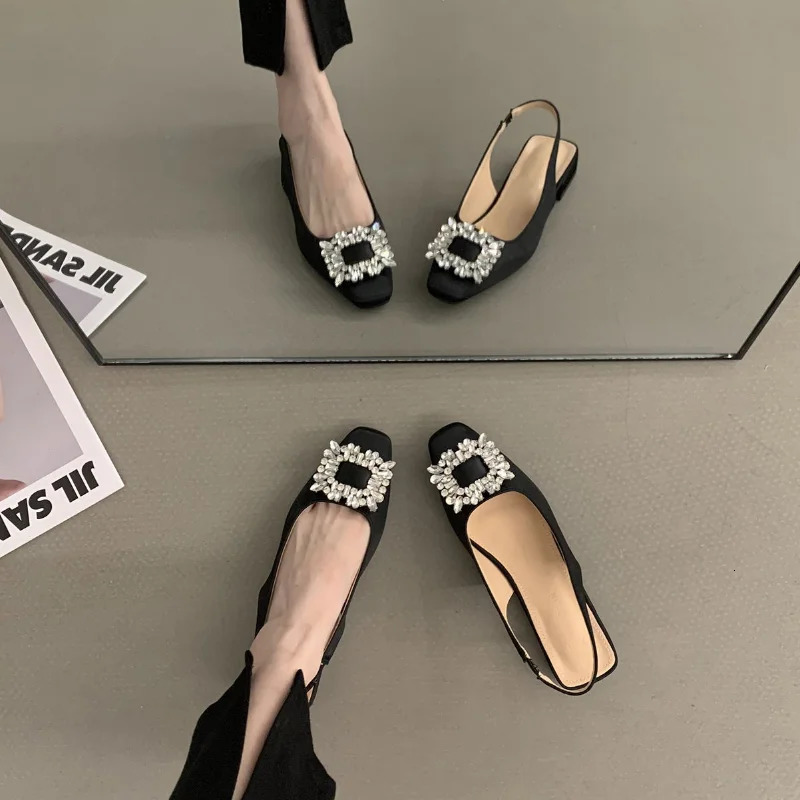 Low Heel Rhinestone Sandals Women Shoes Summer Fashion Square Headed Heels Shoes for Women Sandalias De Mujer 240528