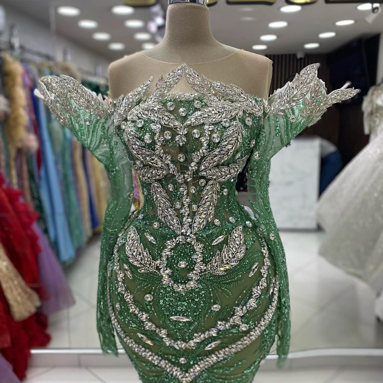 2024 Aso Ebi Plus Size Green Mermaid Prom Dress Crystals Sequined Beaded Evening Formal Party Second Reception Birthday Engagement Thanksgiving Gowns 