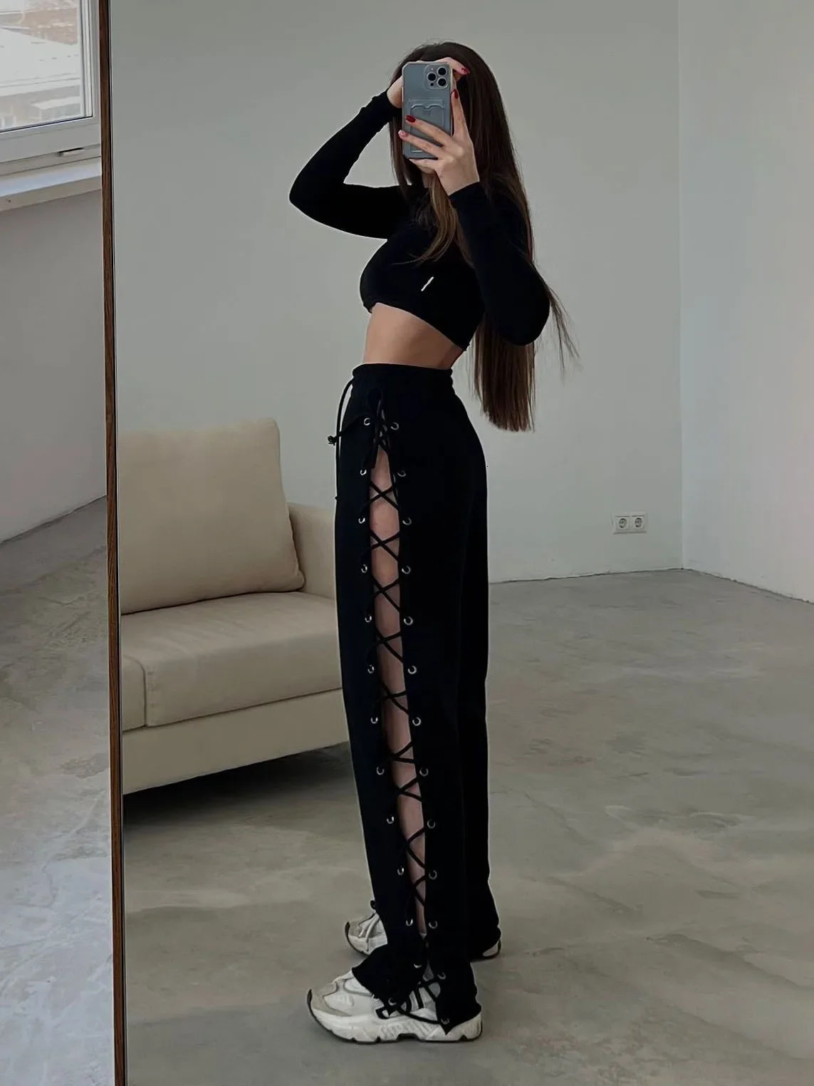 White Knitted Slit Hollow Sweatpants Women Solid Tie High Waist Loose Trousers Summer Casual Punk Streetwear Y2k Pants Joggers 240530