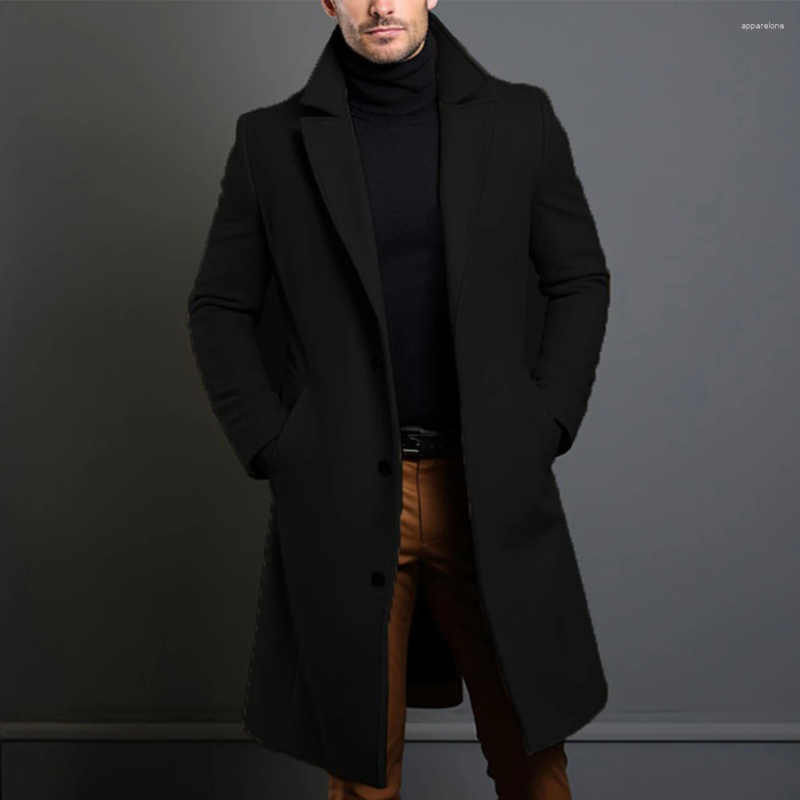 Men's Trench Coats Black Coat For Men Long Wool Blends Overcoat Single Breasted Luxury Top Cold Resistant Business Look