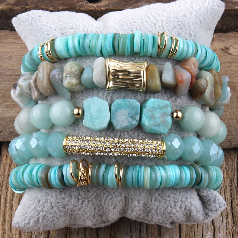 Fashion Bohemia Jewelry Natural Stone Beaded and Crystal Charm 5pc Stack Bracelets Set For Women Gift 240603