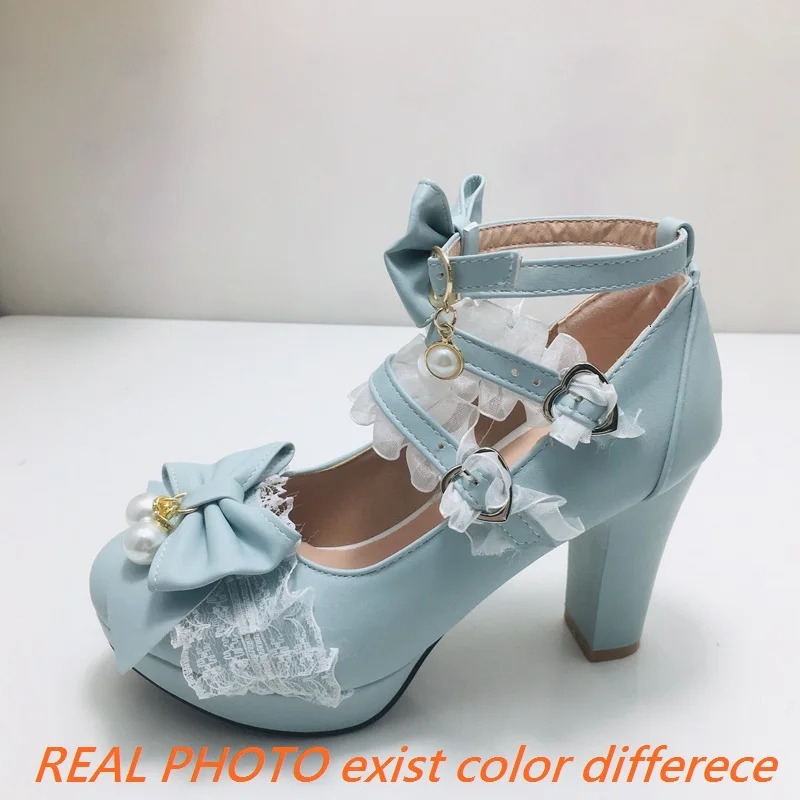 ASILETO Ladies Pumps Round Toe Ultrahigh Heels 9cm Platform 2cm Buckle Strap Bowknot Beads Sweet Lolita Shoes Plus Size 45 45 240607