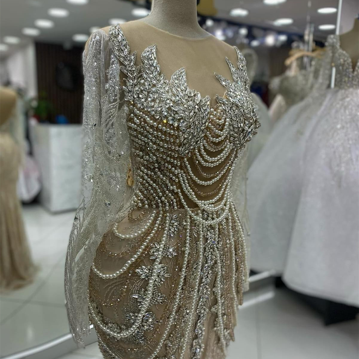 2024 Aso Ebi Plus Size Illusion Mermaid Prom Dress Crystals Pearls Evening Formal Party Second Reception Birthday Engagement Thanksgiving Gowns Dresse