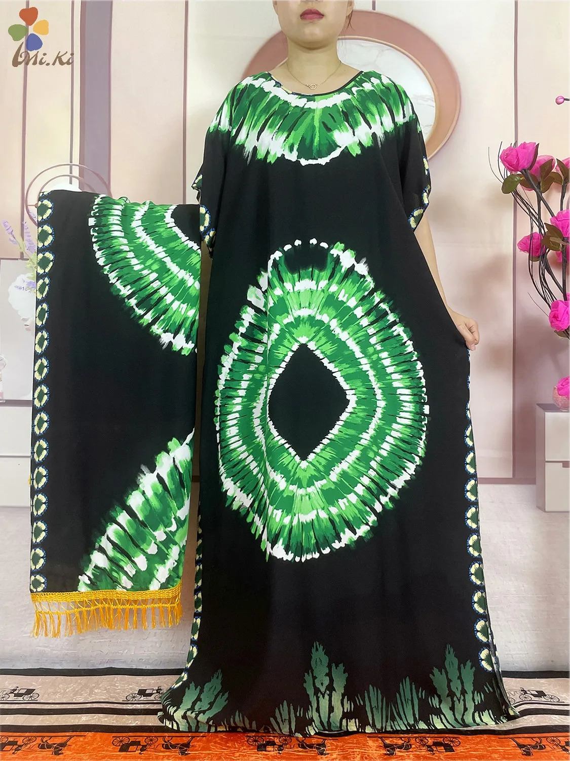 Summer African Women Party Robe Tie Dyed Print Loose Cotton Large Size Scarf Dress Kaftan Dress Islamic Short sleeved Clothing 240529