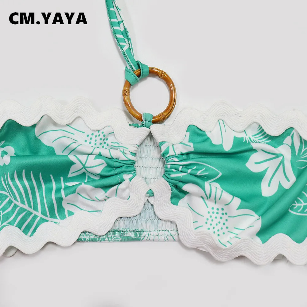 CM.YAYA Floral Print Womens Set Halter Strapless Top and Wide Leg Pants Summer Two 2 Piece Set Beach Holiday Outfits Tracksuit 240531