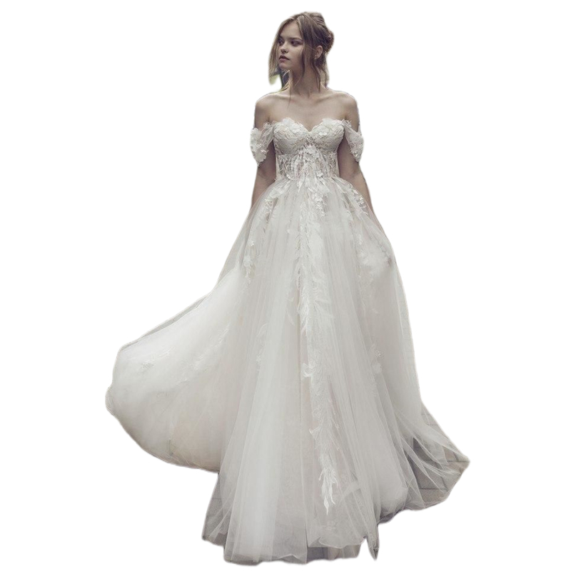 A-Line Long Beach Wedding Dresses 3D Floral Lace Appliques Ivory Tulle Off The Shoulder A-Line Boho Wedding Gowns Sweetheart Summer Vestido De Novia 2