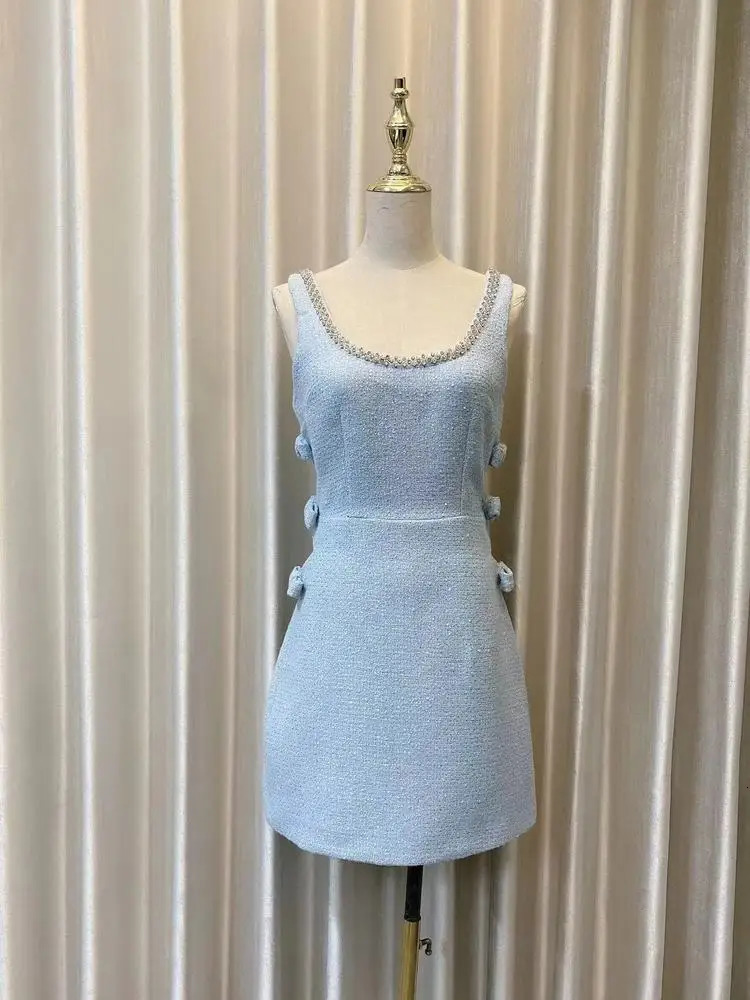 UCXQ Elegant U-neck Studded Diamond Bow Strap Dress sweet Tweed Sleeveless Short Dresses Women Spring Summer 23A8276 240529